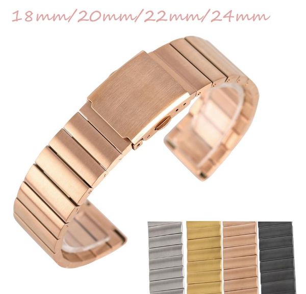 

watch bands 18mm/20mm/22mm/24mm women hq solid link stainless steel band fold clasp silver/black/gold/rose gold strap +2 spring bars, Black;brown