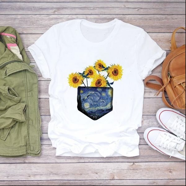 

women sunflower painting aesthetic cartoon print clothing summer shirt t shirts t graphic female ladies womens tee t shirt, White
