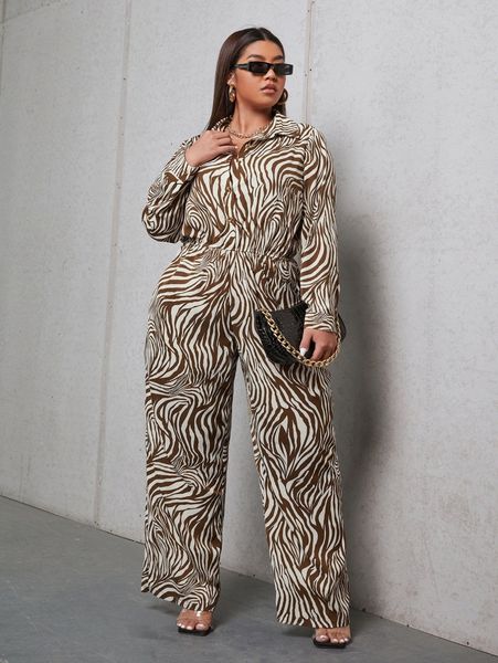 

plus zebra striped wide leg jumpsuit l4fo#, Black