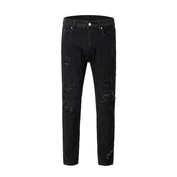 

2021 men's male personality high street style holes patch black all-match slim-fit jeans denim pants trousers d0li, Blue