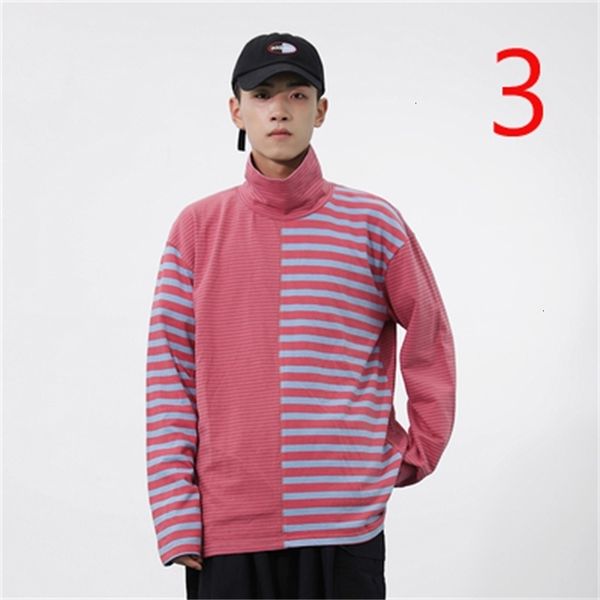 

Autumn 2021 New Personality Stripe Stitching Long-sleeved T-shirt Loose Trend Bottoming Shirt Men F5H8, White;black