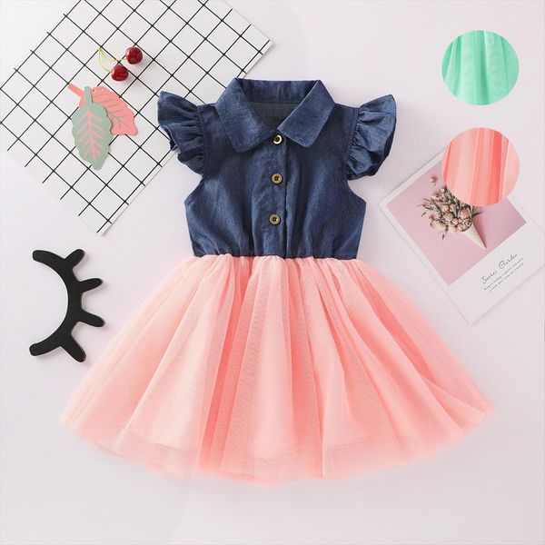 

40 toddler kids baby girl dress denim ruffles princess tulle casual outfits clothes girls dresses vestidos, Red;yellow