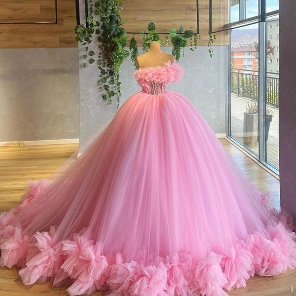 

pink strapless long evening dress ruffles beading tulle prom gowns luxury women's dresses vestido de novia, Black;red
