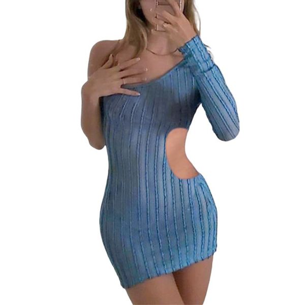 

casual dresses 2021 women one-shoulder sheath dress adults see-through solid color long sleeve cutout, Black;gray