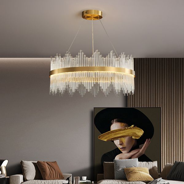 Gold Cristal Luz Luxo Lâmpada Lâmpada Post Moderno Minimalista Nordic Sala de estar Pingente Lâmpadas de Jantar Top Candeleiros Quarto LED