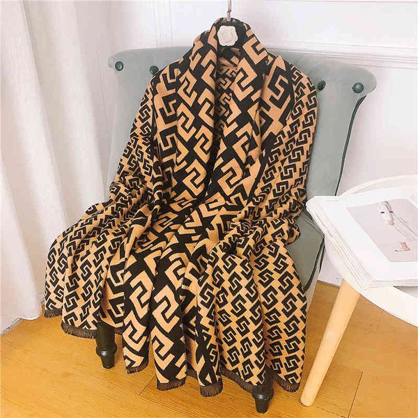 

design 2021 autumn and new imitation cashmere scarf women's lengthened thickened double-sided two-color warm korean versatile shawl, Blue;gray