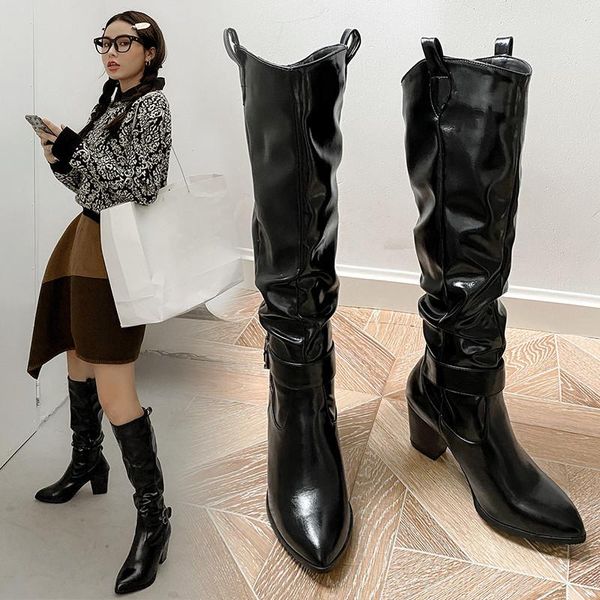 

boots ymechic womens winter fashion 2021 pointed toe knee high western buckle strap pleated white black brown botas lady shoes