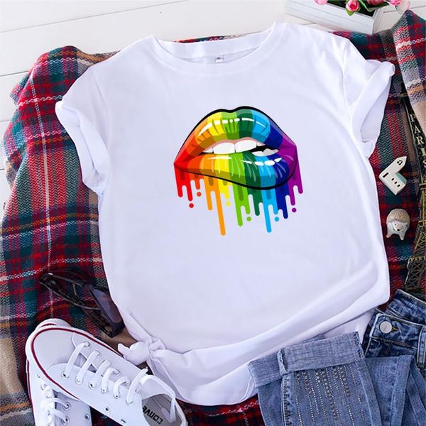 

women's t-shirt rainbow lips printed cotton short sleeve, White