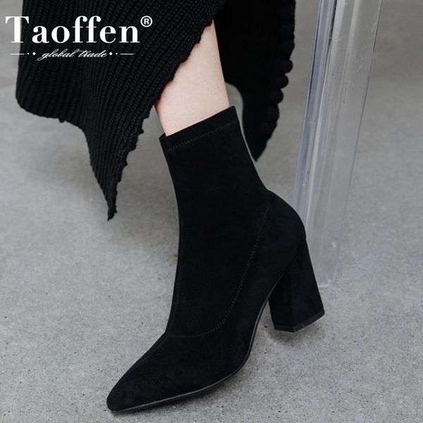 

boots taoffen women high heel real leather thick ankle fashion elastic woman footwear size 34-39, Black