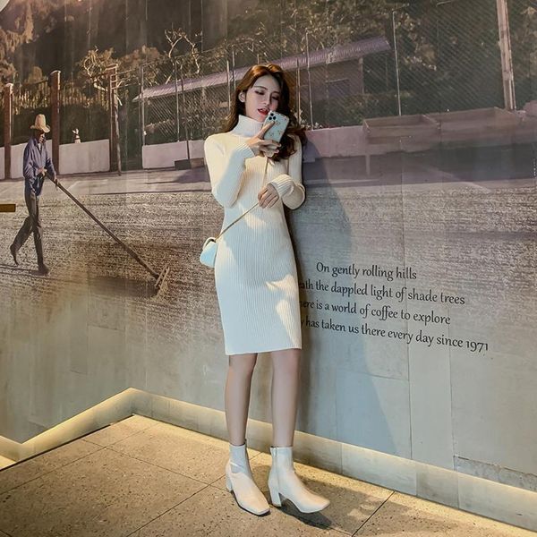 

casual dresses autumn and winter high-necked wool dress women's long - short pullover body tight warm sweater bottom wrap hip, Black;gray