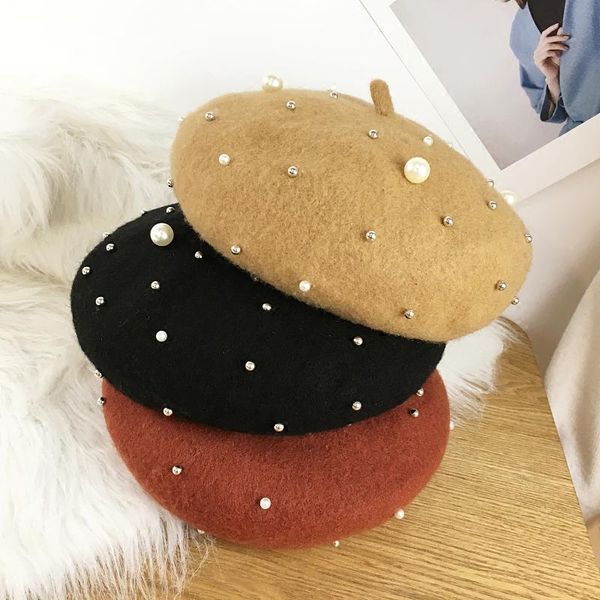 

berets 2021 spring women pearl woolen beret hat fashion female casual rivet solid color basic hats caps, Blue;gray