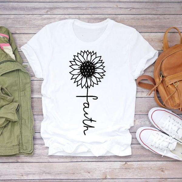 

cartoon faith flower letter clothing womens t shirt 90s short sleeve print lady graphic tee, White