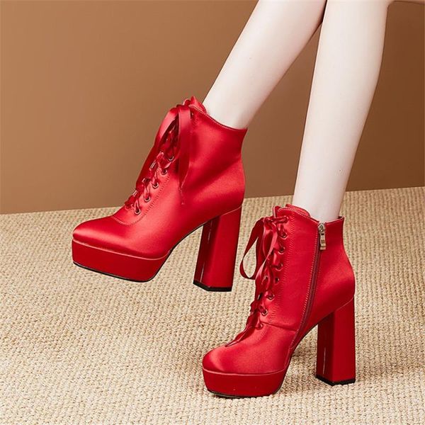 

boots pxelena luxury vogue women real silk ankle chunky block high heels platform lace up round toe 2021 autumn shoes party date, Black