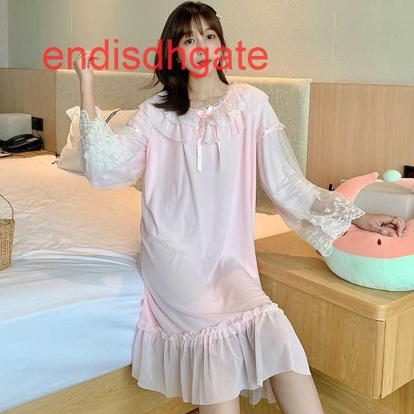 

princess loose sweet mesh long modal sleeve lace nightgown, Black;white