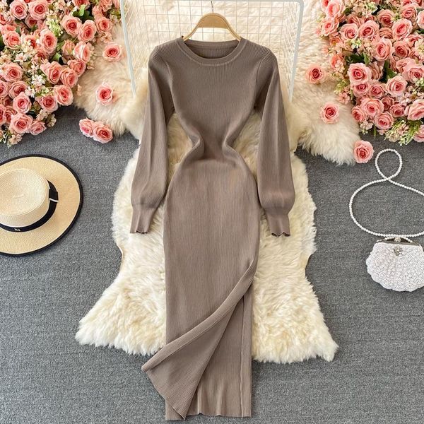 

casual dresses autumn o neck knitted elegant split dress female 2021 winter bottoming tight elastic hip sweater midi black, Black;gray