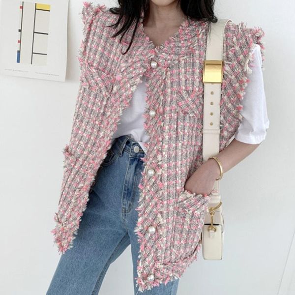 

women's vests korean chic autumn ladies temperament casual round neck fringed pink tweed vest cardigan jacket women, Black;white