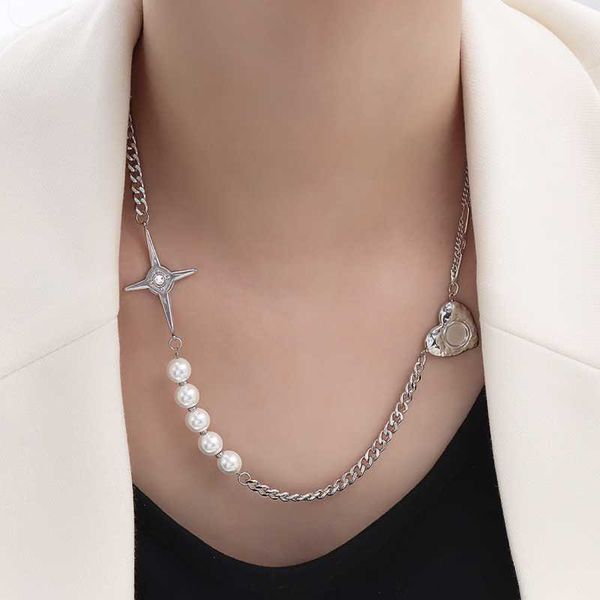 

chains punk chunky heart necklace for women titanium steel female 48+5cm on the neck gold color imitation pearls chokers, Silver