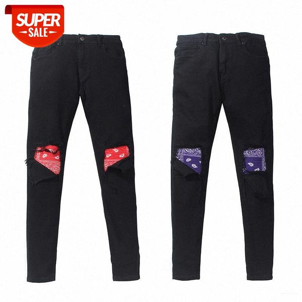 

knee holes and cashew patch hip-hop jeans akama west coast slim feet #x983, Blue