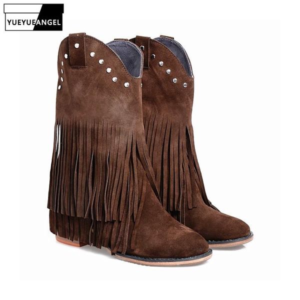 

boots brand casual cow suede rivet fringe ankle shoes women winter street solid color round toe slip on block botas femininas, Black