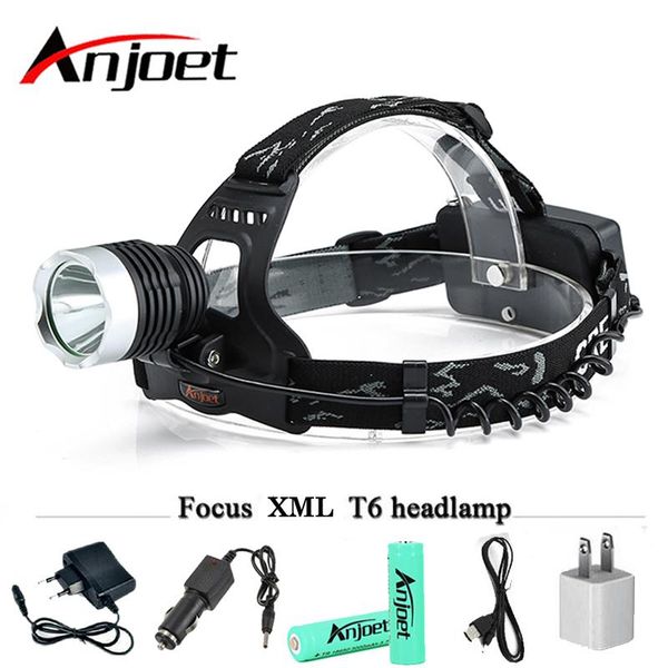 

anjoet headlamp 2000lm xml t6 led head lamp light rechargeable headlight outdoor camp hunting+18650 battery+car usb ac charger
