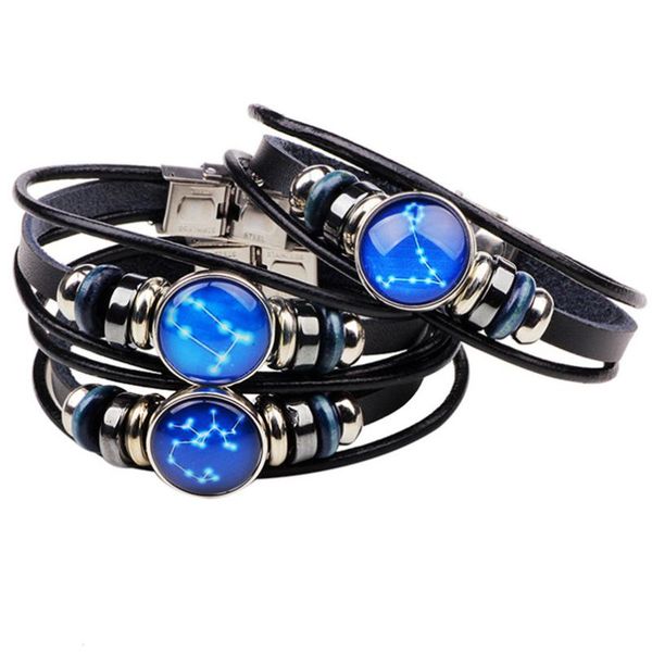 

charm bracelets romantic sky 12 constellation leo/virgo/aquarius/scorpio/libra genuine leather bracelet men bangles for women, Golden;silver
