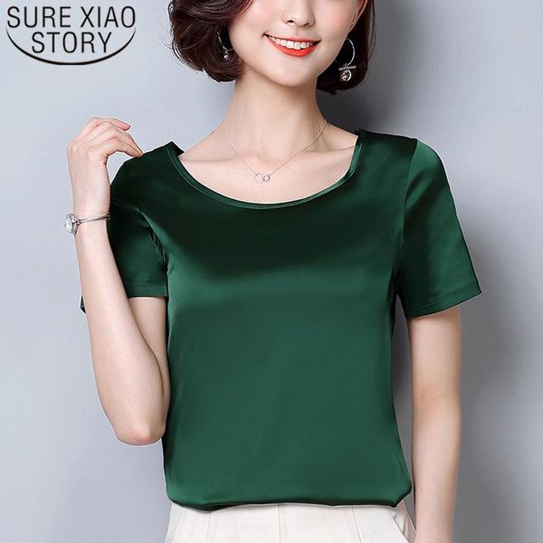 

plus size silk o-neck sling satin short sleeve stretch shirt solid blouse womens and blouses 2021 women shirts 2126 50, White