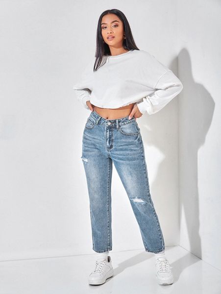 

petite ripped mom jeans m63b#, Blue