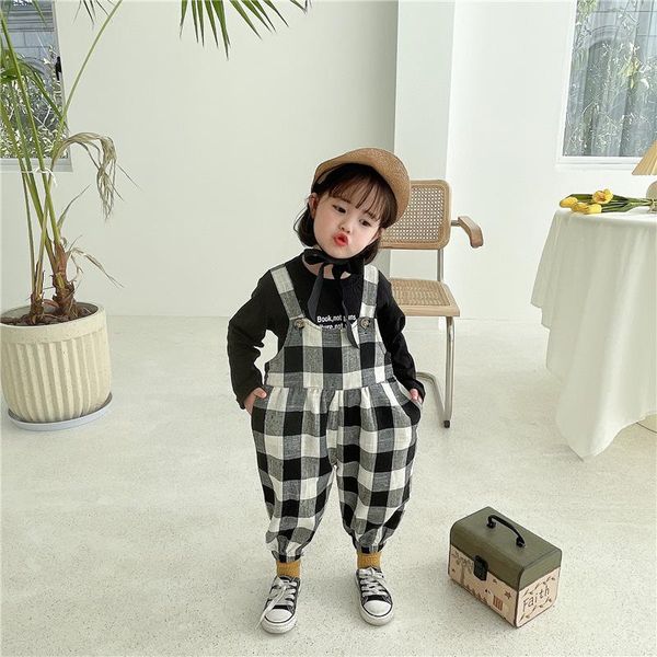 

2021 spring autumn girls plaid suspender pant baby kids children trousers, Blue