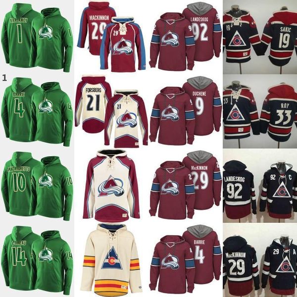 

colorado avalanche centennial classic patch hoodie 19 joe sakic 29 nathan mackinnon 33 patrick roy 92 gabriel landeskog custom hockey jersey, Black;red