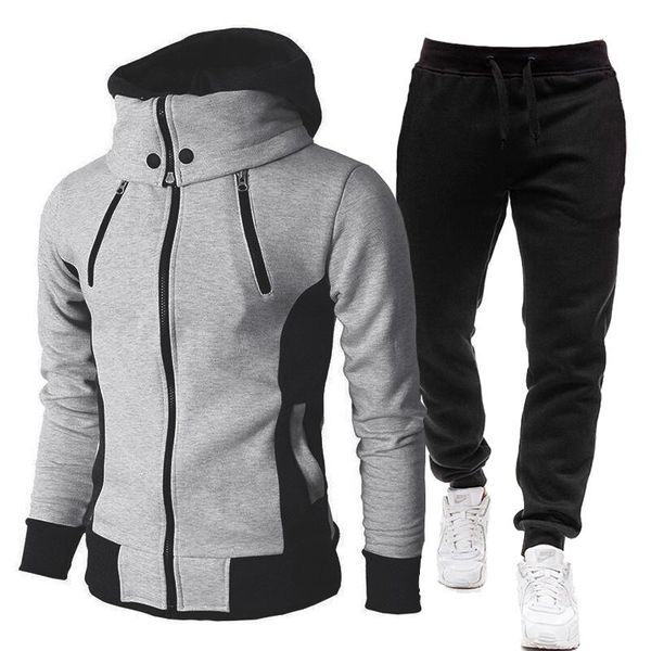 

men's tracksuits set winter zipper jacket + pants 2 pieces sports suit male slim casual tracksuit outfit mens clothing, Gray