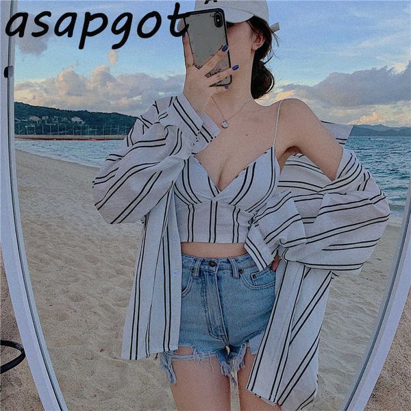 

spring loose turn down collar striped blouse women sun protection shirt camisole 2piece sets casual wild camisas mujer 210610, White