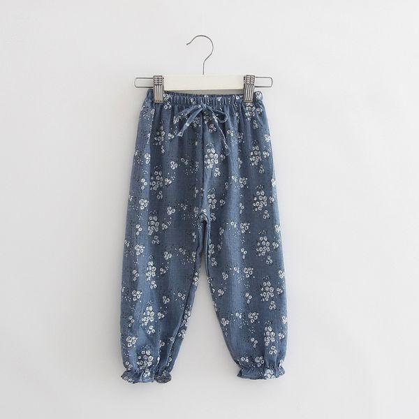 

children trousers girls flowers pants cotton and hemp childrens pants, Blue