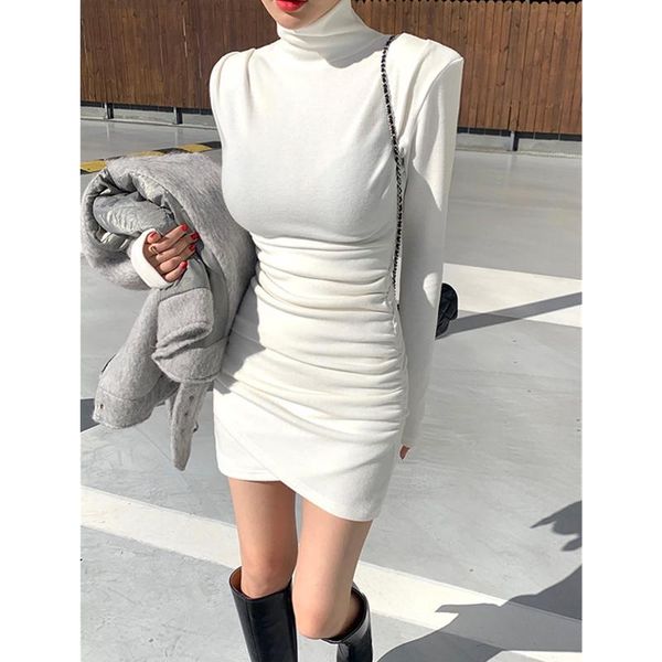 

casual dresses 2021 spring fashion ladies pleated hip slim long-sleeved short mini dress, Black;gray