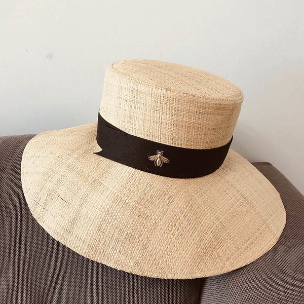 

2021 new classical raffia summer for woman wide brim flat bucket sun lady church fedoras beach kentucky derby hat pi56, Blue;gray