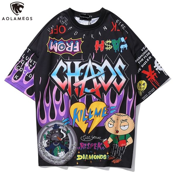 

aolamegs t shirt men graffiti cartoon printed men's tee shirts short sleeve t shirt fashion high street tees summer streetwear 210317, White;black