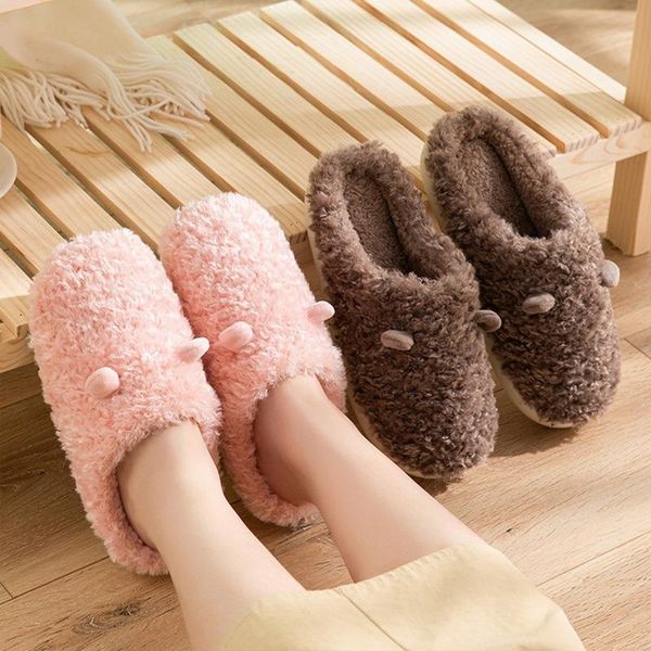

slippers 2021 soft fluffy fur winter home plush women cute cartoon ear platform slides warm indoor house men couple furry shoes, Black