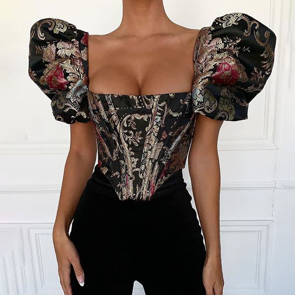 

elegant puff sleeve crop womens tshirt summer short sleeve chinese style vintage embroidery floral asymmetric top, White