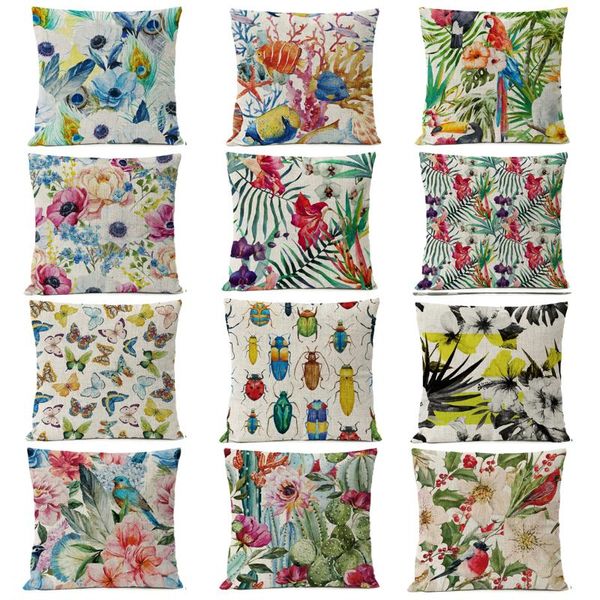 

cushion/decorative pillow nordic watercolor floral flower cover butterfly beetle parrot linen case home decorative pillows cushion