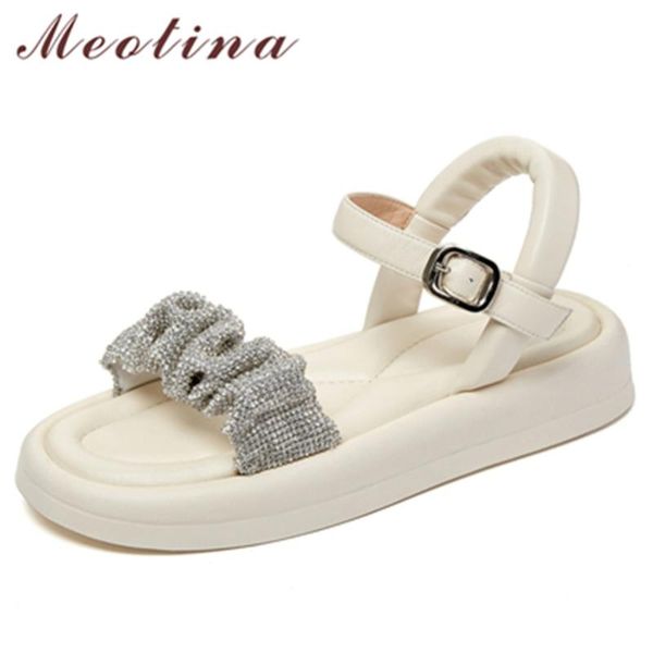 

sandals meotina shoes women genuine leather flat platform sheepskin round toe buckle lady footwear summer black