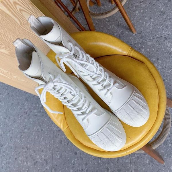 

boots 2021 woman zapatos de mujer leather lace-up platform round toes mid-calf motorcycle shoes, Black