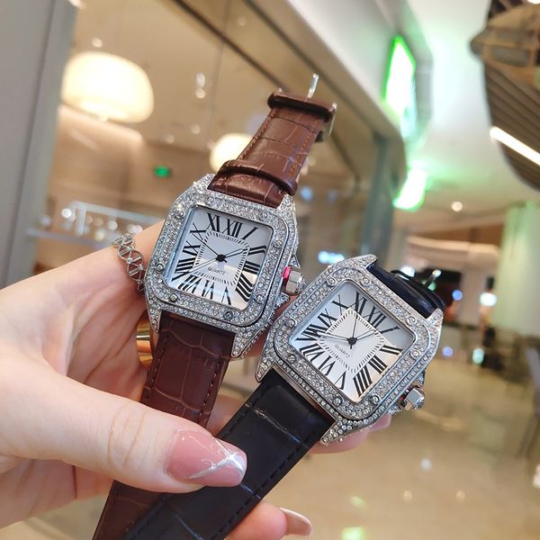 

classic business fashion watch square roman literal diamond leather strap christmas gift, Slivery;brown