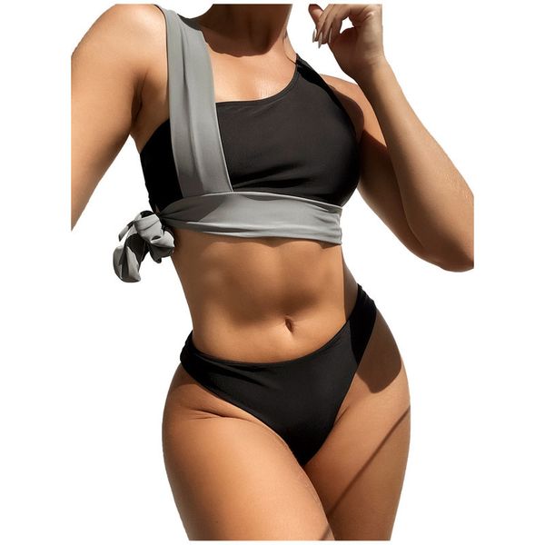 

women patchwork set batsuit double stuffed beha split stitches strappy bikini pak badmode, White;black