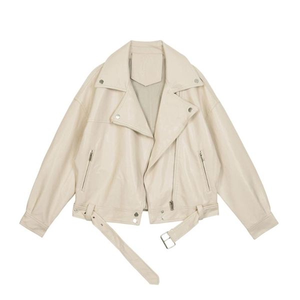 

women's leather & faux 2021 spring women pu motorcycle jacket female with belt solid color jackets ladys loose casual, Black