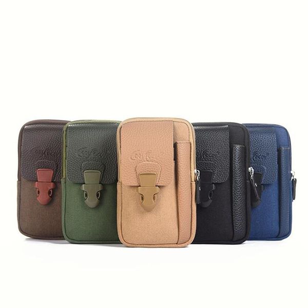 

multifunction canvas pu leather waterproof wear-resistant waist pack for man male outdoor mobile phone bag coin purse handbag