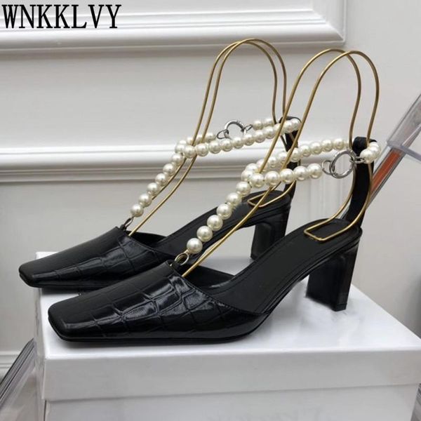 

dress shoes crocodile pattern high heel pumps women square toe real leather shallow mouth pearl chain ankle strap sandals party, Black
