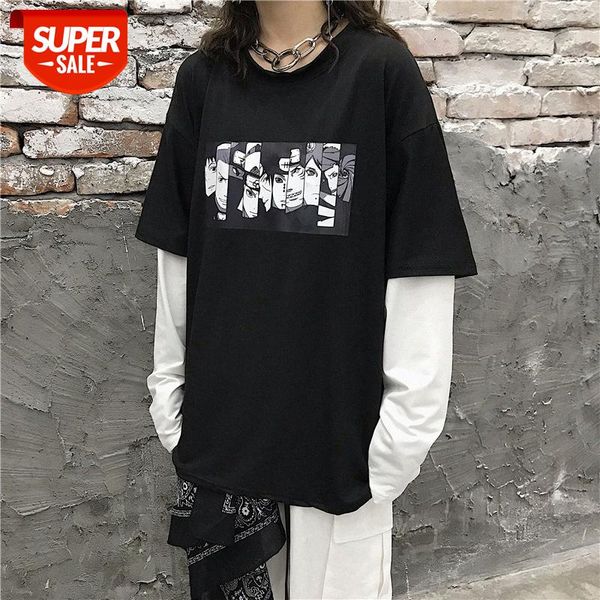 

tide brand street style japanese naruto surrounding t-shirt fake two-piece sweater long-sleeved men and women couples raw clothes #wj13, Black