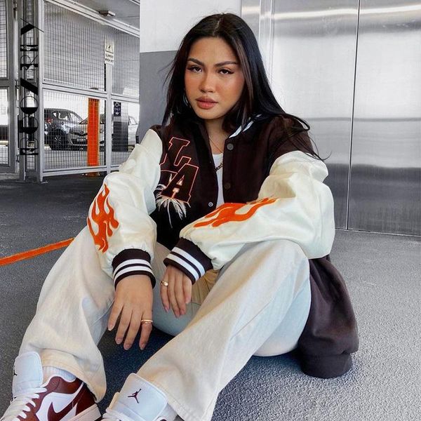 

women's jackets boozrey women fashion jacket contrast stitching embroidery coats loose casual baseball uniform fall clothes streetwear, Black;brown