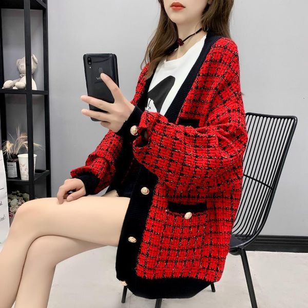

2021 new casaco de malha xadrez feminino elegante coreano bolso solto blusas outono inverno com decote em v manga comprida boto oversize 0xk, White;black