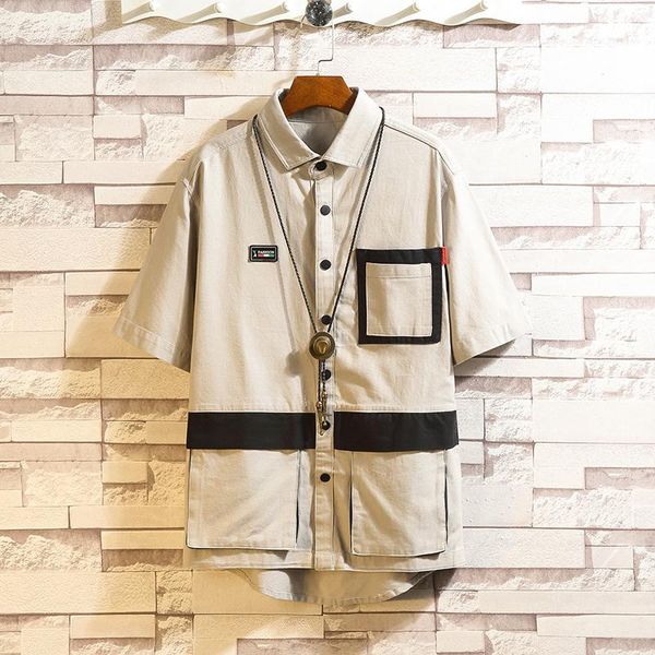 

men's casual shirts streetwear summer shirt men short sleeve korean fashion black chest pockets mens dress, White;black