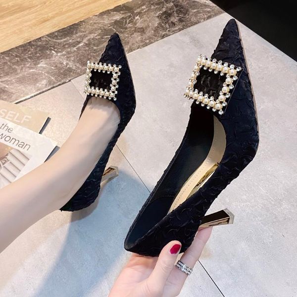 

dress shoes 2021 silver black women bridal wedding faux silk satin rhinestone crystal shallow pumps stiletto high heels tacones mujer